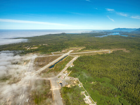 Stock Aerial Photo of Tofino Airport in Fog  Vancouver Island BC, Canada