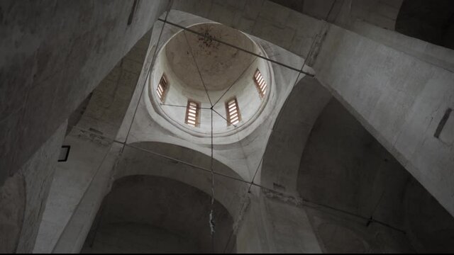 The vaults of the ceiling of the Church of the Intercession on the Nerli. A look up at the ceiling of the temple. Pokrova na Nerli. High quality FullHD footage