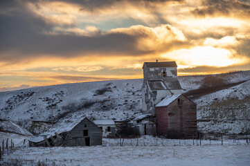 Old  grain elevator in the ghost town of Sharples, Alberta.