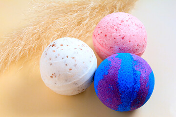 bath bomb on colorful background. Spa set, body care, background.