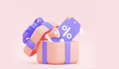 A label with a percentage sign with gift box. Creative concept of online bargain shopping. 3d rendering - obrazy, fototapety, plakaty