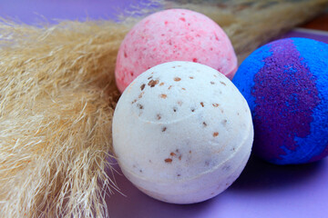 bath bomb on colorful background. Spa set, body care, background.