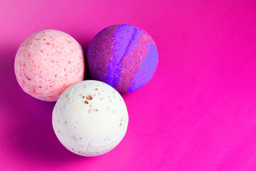 bath bomb on colorful background. Spa set, body care, background.