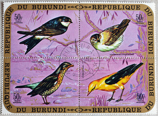 Cancelled postage stamps printed by Burundi, that show Birds, circa 1971.