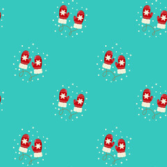 red mittens seamless pattern on blue background