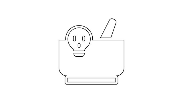 Black line Mortar and pestle icon isolated on white background. 4K Video motion graphic animation