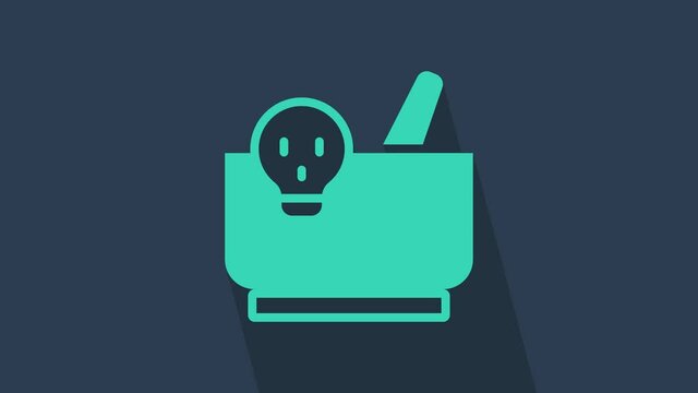 Turquoise Mortar and pestle icon isolated on blue background. 4K Video motion graphic animation