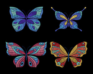 Fototapeta na wymiar Embroidery butterflies. Floral butterfly, orange blue flying insects. Textile decoration, fashion graphic patches. Stitch templates, nowaday vector set