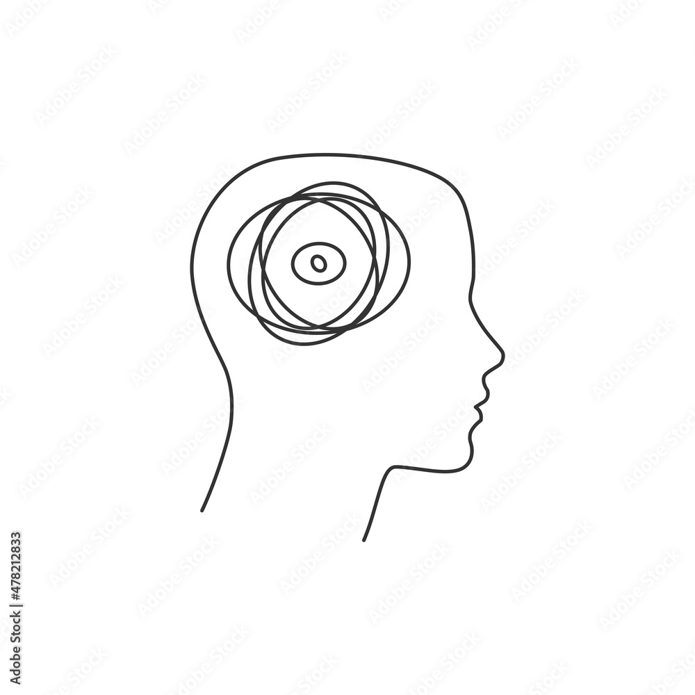 Poster linear head with confused brain, clew head. problem solving concept. editable stroke. stock vector i
