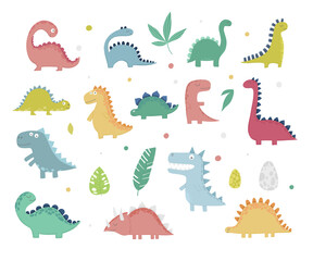 Cute dinosaur set. Cartoon dinos, dinosaurs colorful isolated characters. Tyrannosaurus, triceratop, pterodactyl. Funny prehistoric animals, vector collection for kids