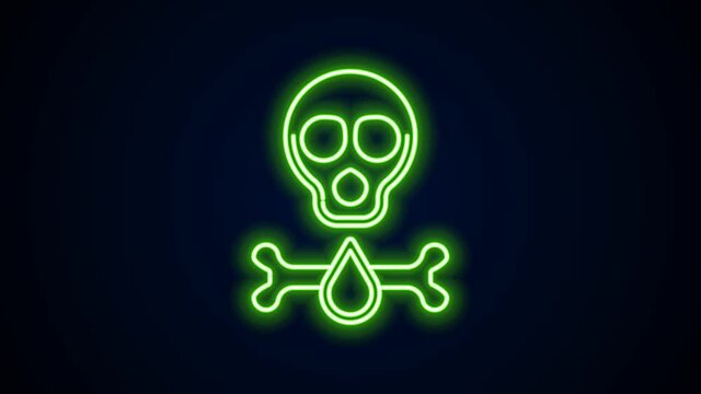 Glowing neon line Bones and skull as a sign of toxicity warning icon isolated on black background. 4K Video motion graphic animation