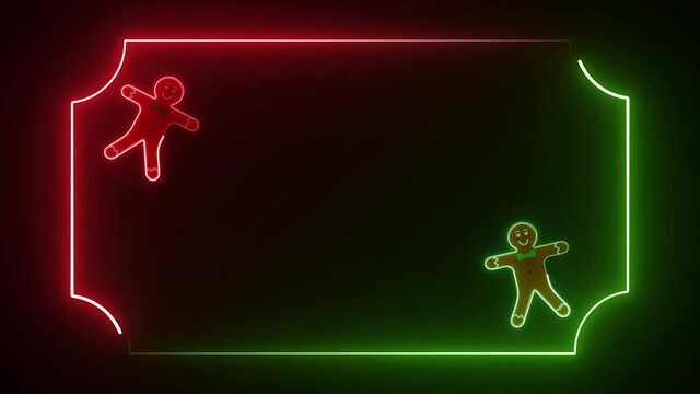 Neon Led Lights Christmas Frame Template. Gingerbread cookies with green and red neon led lights.