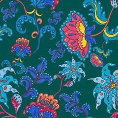 Watercolor seamless pattern with folky flowers and leaves in ethnic style. Floral decoration. Traditional paisley pattern. Textile design texture.Tribal ethnic vintage seamless pattern.	