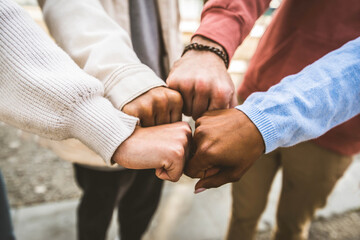 College students teamwork stacking hand together - Community group support each other - Multicultural relationship