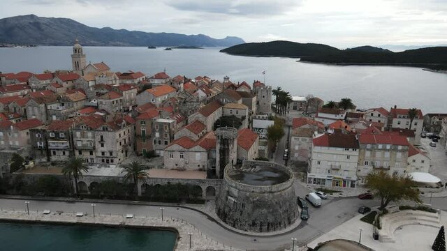 Aerial view of the Korcula old town in Croatia by the Adriatic sea