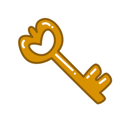 Golden cartoon key. Vector illustration for the subject in a cartoon children's style. Mystery symbol. Isolated funny clipart on a white background. Cute print.