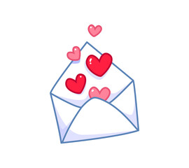 Mail cartoon open envelope with hearts. Valentine's card for the holiday. Vector cute illustration with outline. Love and Valentine's Day symbol, wedding invitation.