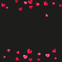 Valentine day border with red glitter sparkles. February 14th day. Vector confetti for valentine day border template. Grunge hand drawn texture. Love theme for special business offer, banner, flyer.