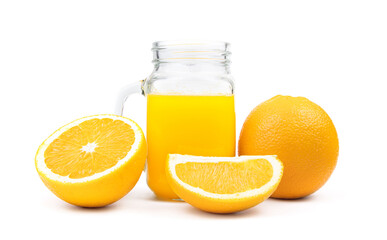 Orange juice in a glass isolated on a white background. Slice of orange fruit. Orange juice in a jar