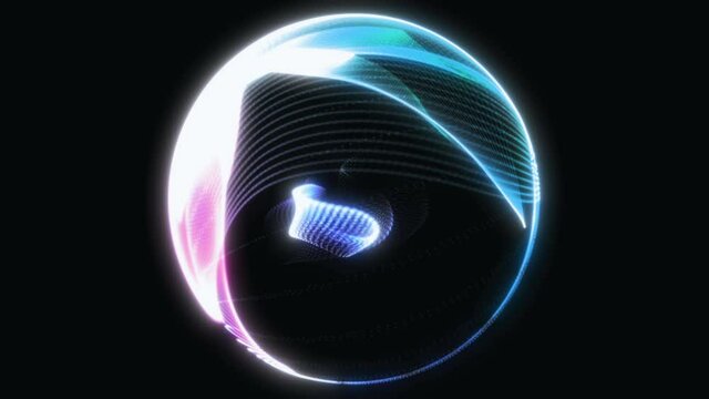 Colourful particle energy sphere. Retrowave glowing evolving particles sphere. Abstract technology, science, engineering and information technology motion graphics background. 4k Seamlessly looping.
