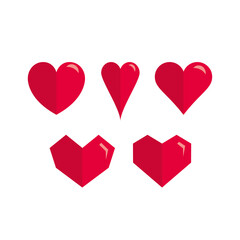Hearts collection. Love symbols. Set of red hearts icons. Different shape.Bundle. Illustration. Simple. Shiny. Romance. Geometric heart shapes. Rounded. Styled. Flat design. Passionate. Vector bundle.