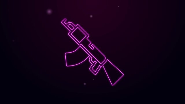 Glowing neon line Submachine gun icon isolated on black background. Kalashnikov or AK47. 4K Video motion graphic animation