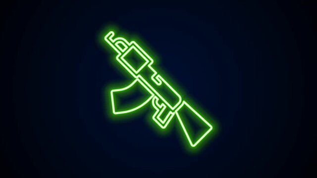 Glowing neon line Submachine gun icon isolated on black background. Kalashnikov or AK47. 4K Video motion graphic animation