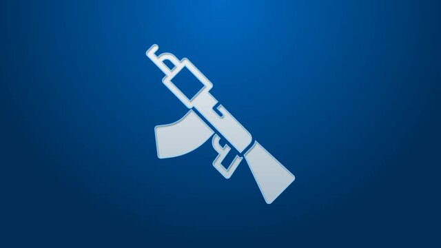 White line Submachine gun icon isolated on blue background. Kalashnikov or AK47. 4K Video motion graphic animation