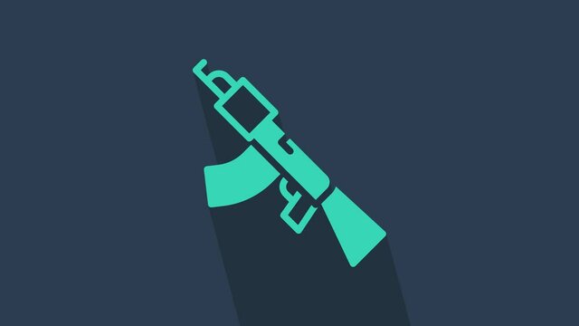 Turquoise Submachine gun icon isolated on blue background. Kalashnikov or AK47. 4K Video motion graphic animation