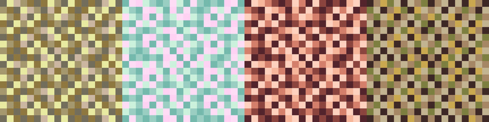 Vector Pattern Consisting Of Different Shades Of Squares In Four Versions. For Printing, Wallpaper, Backgrounds, Decor, Design. Pixels, Camouflage
