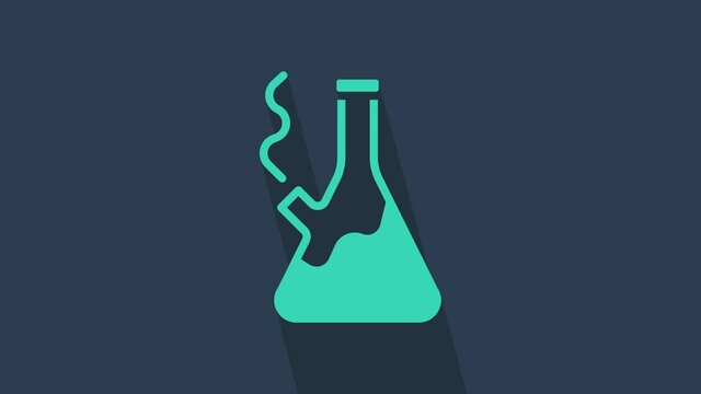 Turquoise Glass bong for smoking marijuana or cannabis icon isolated on blue background. 4K Video motion graphic animation