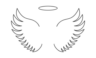 Outline flying angel wings and halo ring isolated on white background. Heavenly or saint concept simple design. Vector graphic illustration.
