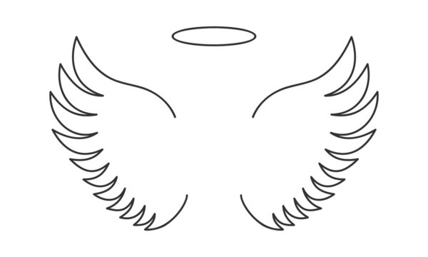 Outline flying angel wings and halo ring isolated on white background. Heavenly or saint concept simple design. Vector graphic illustration.