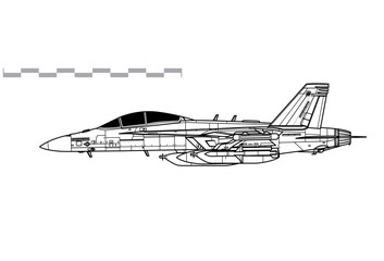 Boeing EA-18G Growler. Vector drawing of electronic warfare aircraft aircraft. Side view. Image for illustration and infographics.