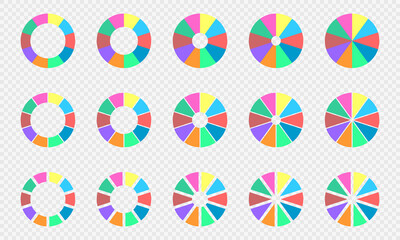 Pie and donut charts set. Circle diagrams divided in 10 sections of different colors. Infographic wheels. Round shapes cut in ten parts isolated on transparent background. Vector flat illustration