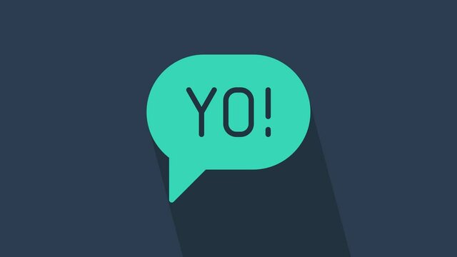 Turquoise Yo slang lettering icon isolated on blue background. Greeting words. 4K Video motion graphic animation