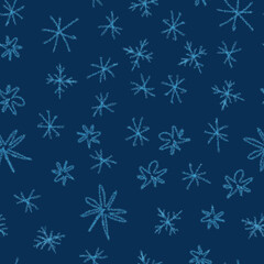 Fototapeta na wymiar Hand Drawn Snowflakes Christmas Seamless Pattern. Subtle Flying Snow Flakes on chalk snowflakes Background. Admirable chalk handdrawn snow overlay. Splendid holiday season decoration.
