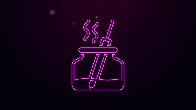 Glowing neon line Aroma diffuser icon isolated on black background. Glass jar different with wooden aroma sticks. 4K Video motion graphic animation