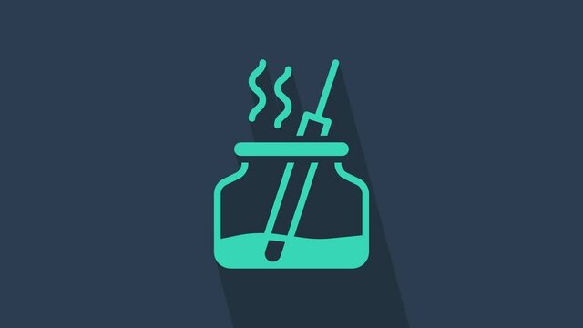Turquoise Aroma diffuser icon isolated on blue background. Glass jar different with wooden aroma sticks. 4K Video motion graphic animation