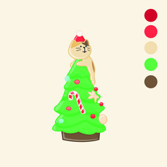 Cute christmas illustration of cute christmas tree with cat