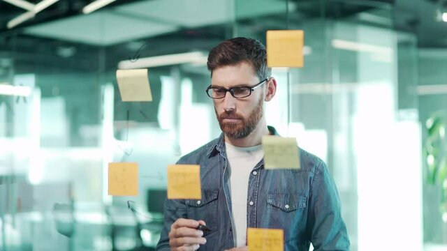 Thoughtful serious creative business man thinking of solution. bearded caucasian employee brainstorm write ideas on colorful sticky note pads on glass wall office, develop company startup in boardroom