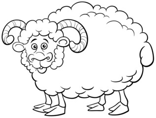 cartoon ram farm animal character coloring book page