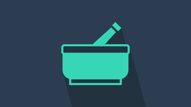 Turquoise Mortar and pestle icon isolated on blue background. 4K Video motion graphic animation