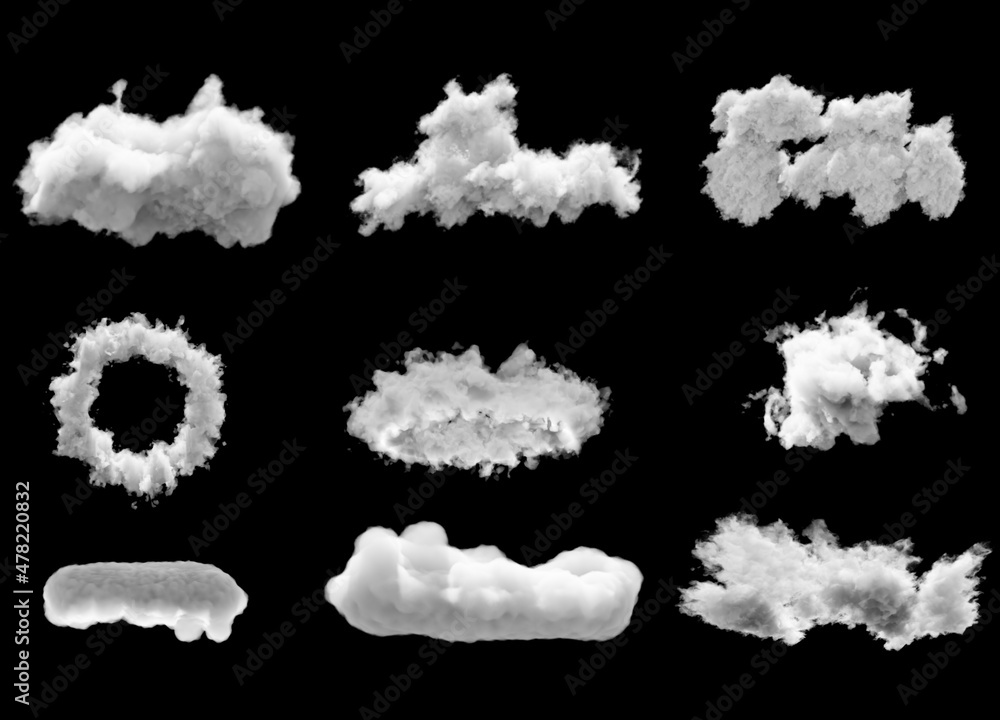 Poster 3d rendering. realistic fluffy dense clouds on a black background. element for your creativity