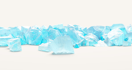 3d rendering. Pieces of blue transparent ice on a white isolated background are scattered over the surface. Element for your design.