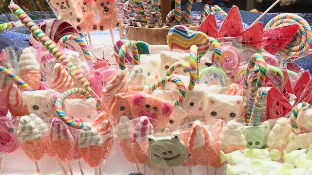Traditional handmade sweets displayed in shop. Souvenirs. 