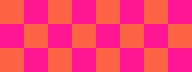 Checkerboard banner. Deep pink and Tomato colors of checkerboard. Big squares, big cells. Chessboard, checkerboard texture. Squares pattern. Background.