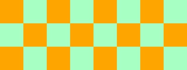 Checkerboard banner. Mint and Orange colors of checkerboard. Big squares, big cells. Chessboard, checkerboard texture. Squares pattern. Background.