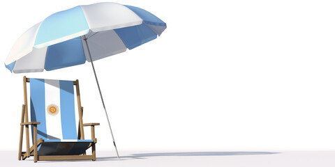 Flag of Argentina on a beach chair under big umbrella. Vacation or travel conceptual 3d rendering