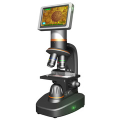 Digital Microscope. 3D Rendering Illustration of a High Resolution Digital Microscope with Screen; for scientific studies and analysis.